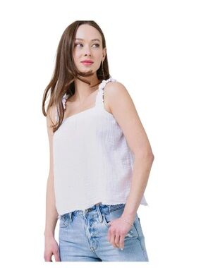 White Ruffled Strap Square-Neck Tank Top in M